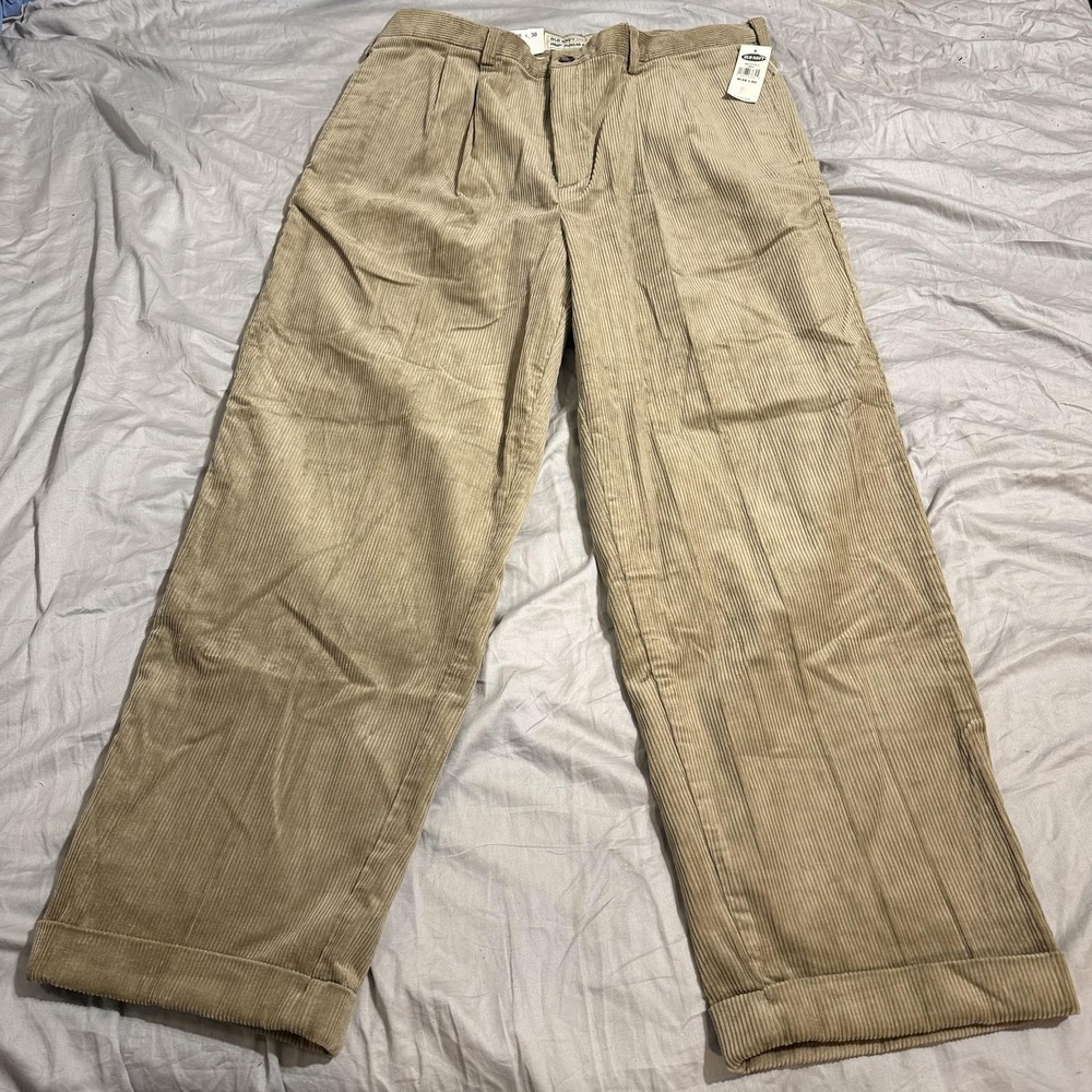 Old Navy Pants Mens 38x30 Beige Regular Fit Super Khakis Corduroy Cuffed Pleated
